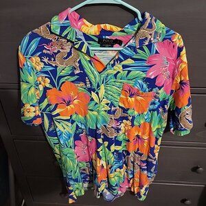 Men's L Polo Ralph Lauren Hawaiian Floral Dragon Featherweight Golf Polo Shirt